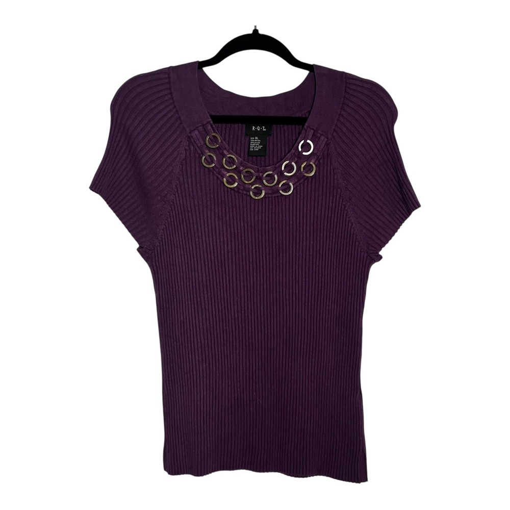 RQT Womens XL Purple Ribbed Knit Grommet Scoop‎ Neck Cap Sleeve Sweater Top